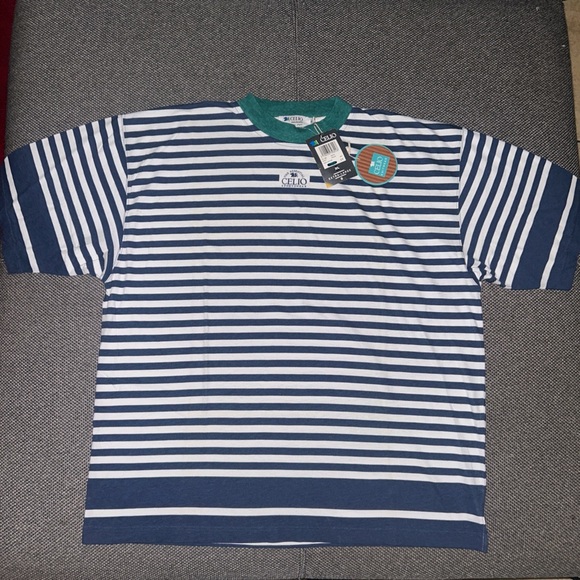 90s Celio Striped Blue and White T-Shirt New With Tags - Picture 2 of 4